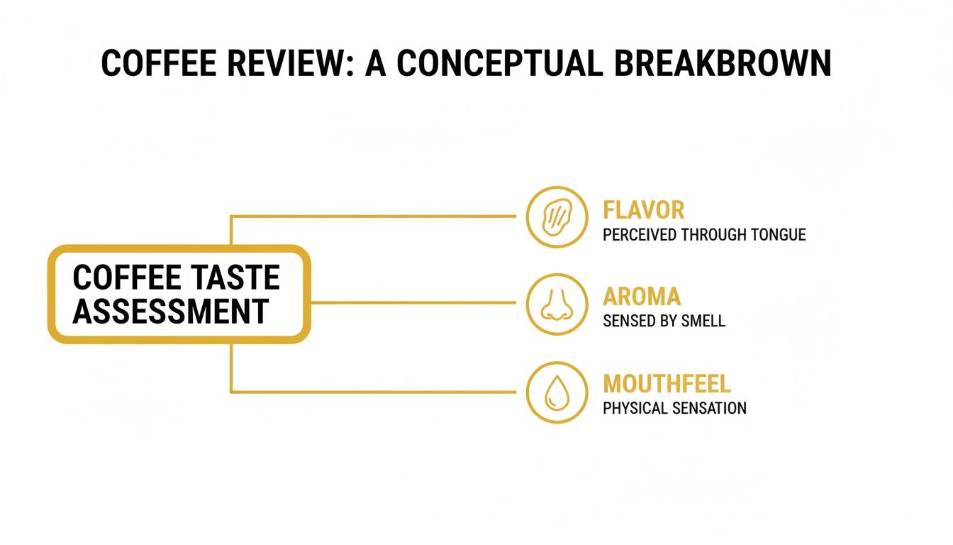 Conceptual breakdown of coffee taste assessment showing flavor, aroma, and mouthfeel, with their definitions.