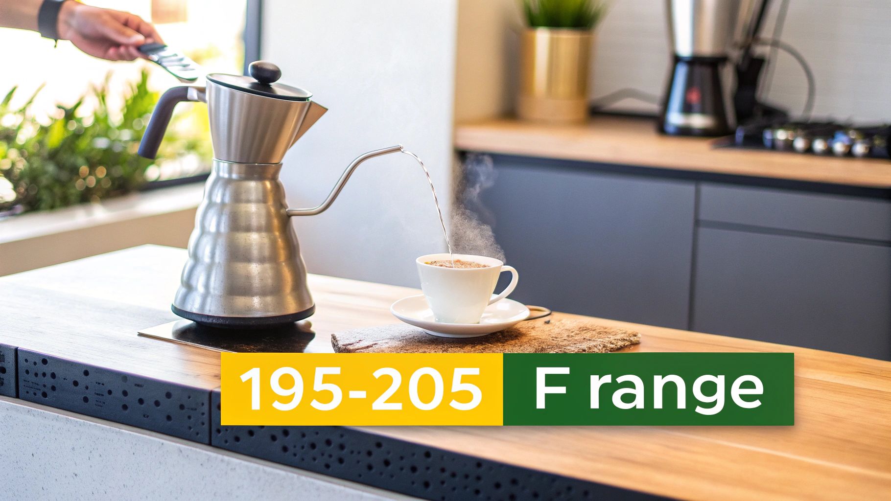 A gooseneck kettle pouring hot water into a steaming coffee cup in a modern kitchen.