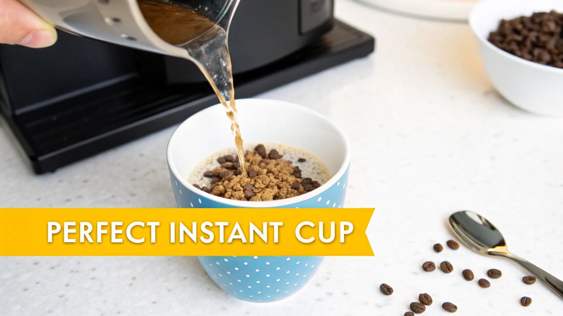 A person pouring hot water from a kettle into a mug containing freeze-dried coffee granules.