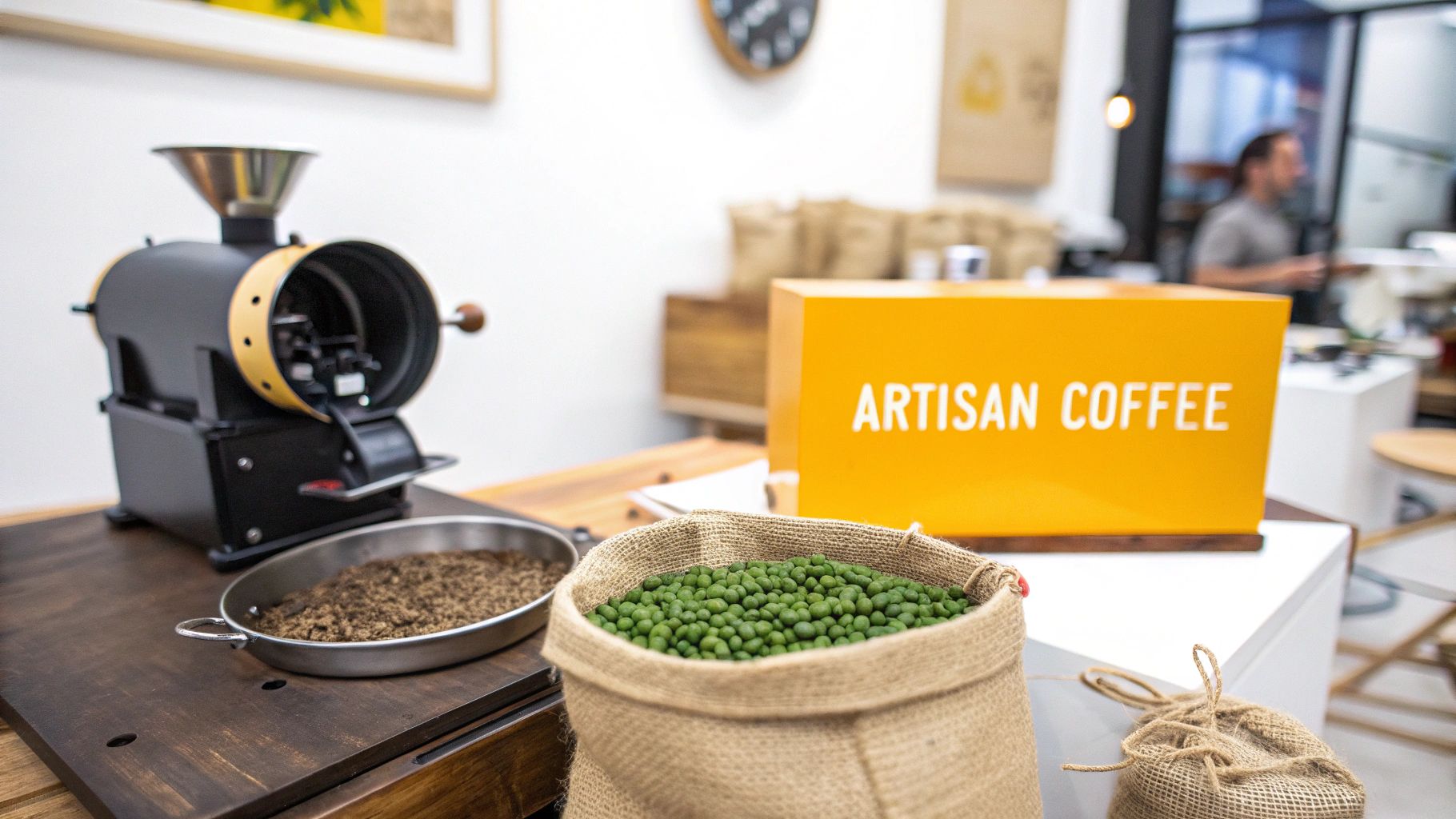 Woman pouring freshly roasted coffee beans into a cooling tray.