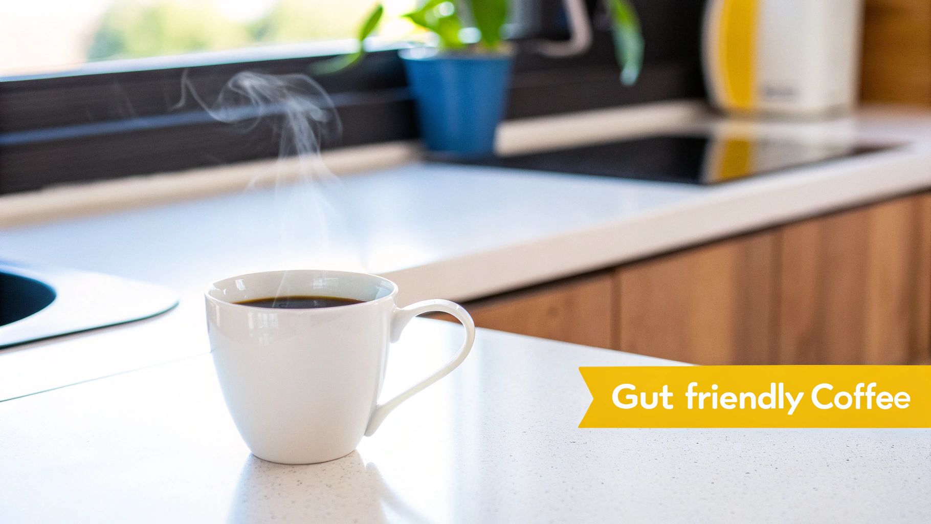 A steaming cup of gut-friendly coffee on a white kitchen counter with a window in the background.