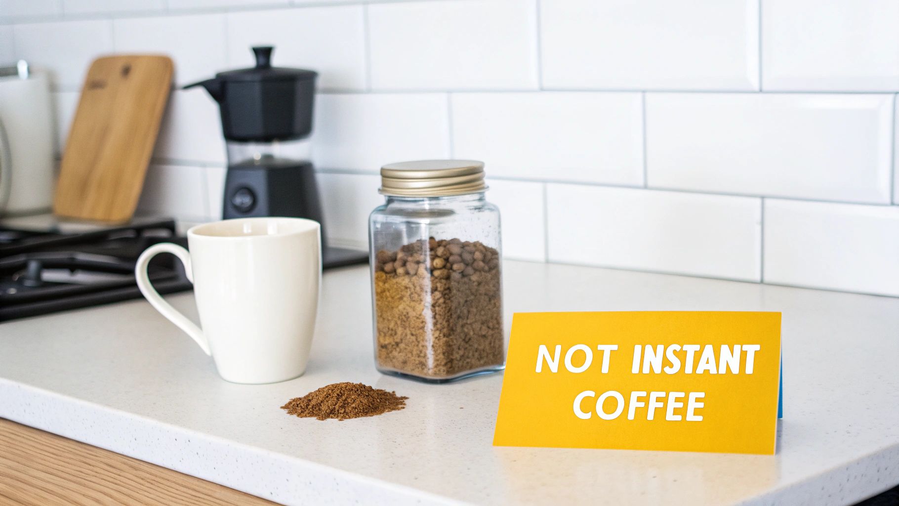 Two bowls side-by-side, one with dark ground coffee and the other with lighter, crystalline instant coffee.