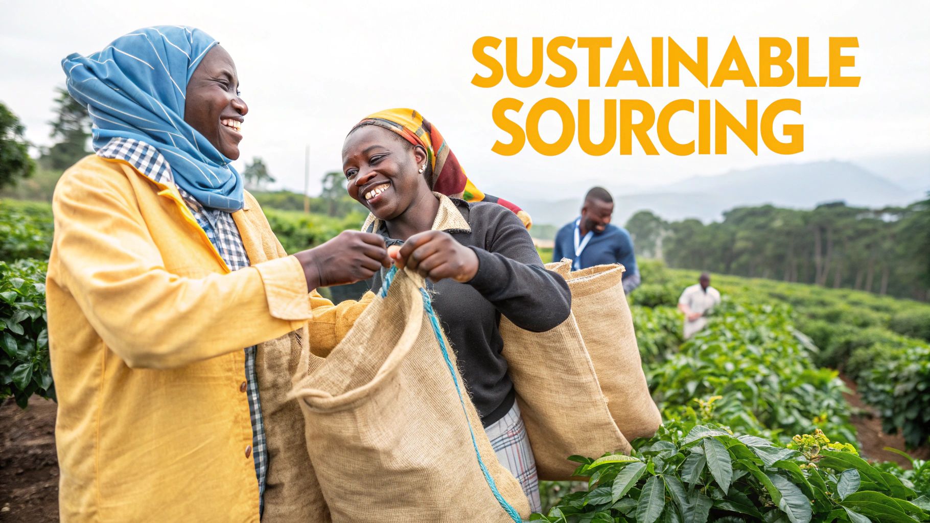 Smiling coffee farmer holding coffee cherries.