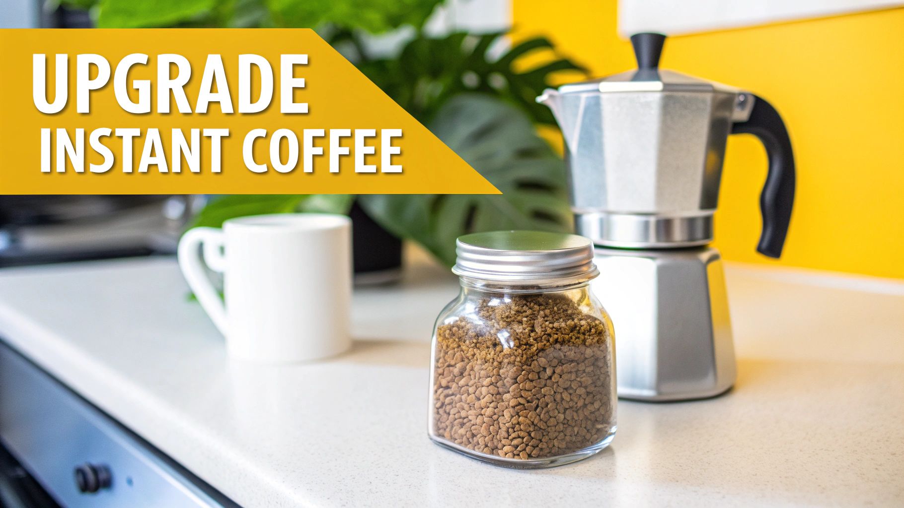 A jar of instant coffee granules, a white mug, and a m moka pot on a kitchen counter.