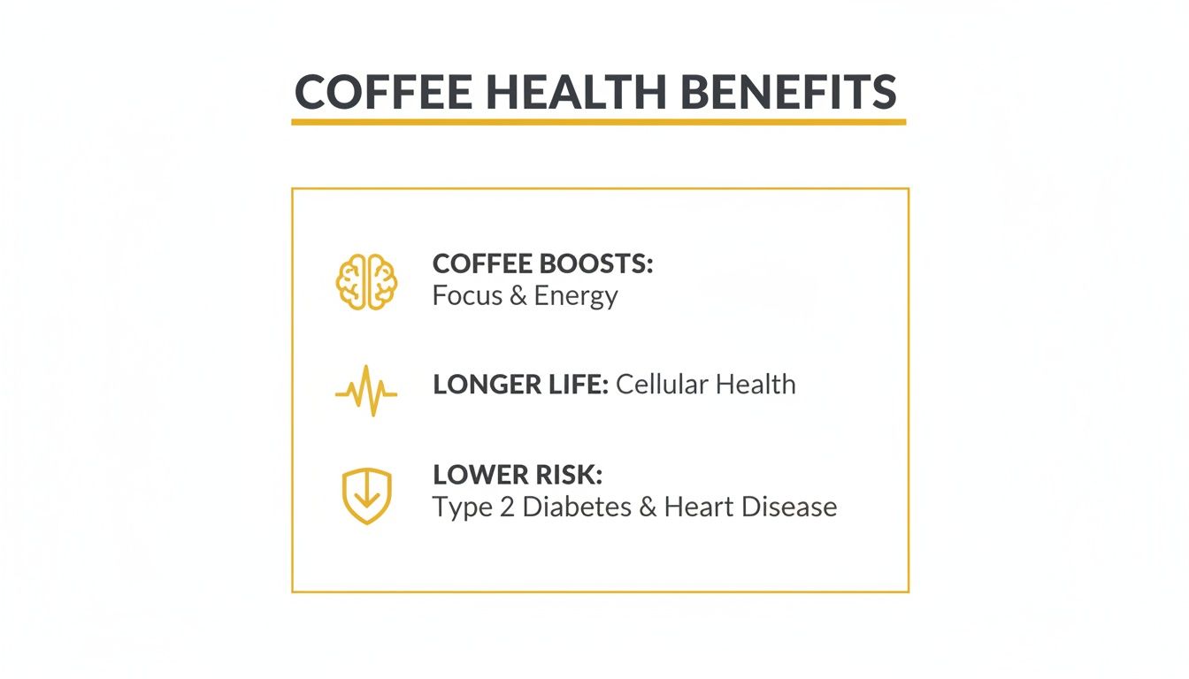 Infographic highlighting coffee's health benefits: increased focus, energy, cellular health, and reduced risk of diabetes and heart disease.
