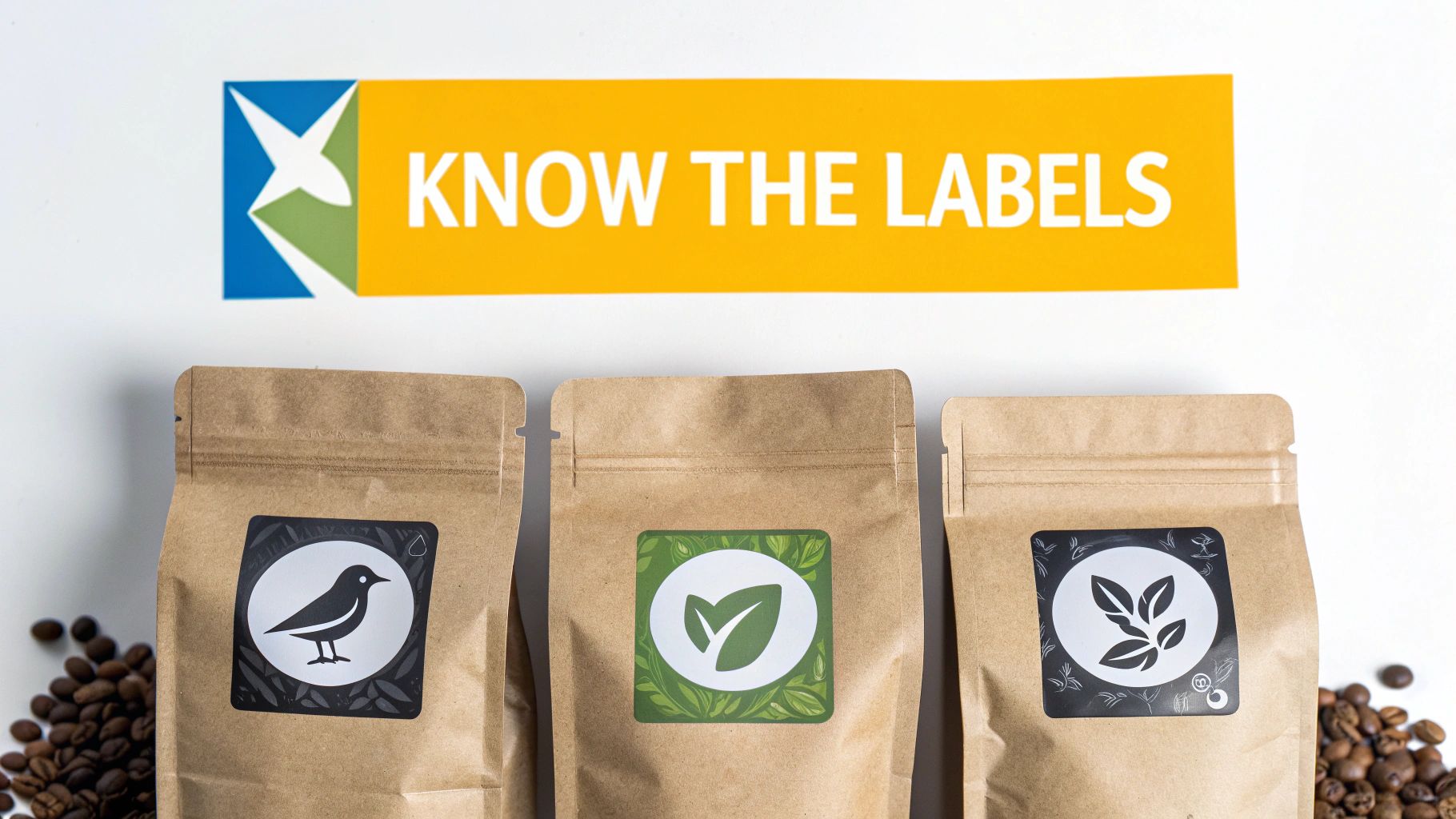 A close-up of a coffee bag showing multiple certification labels, including USDA Organic and Fair Trade.