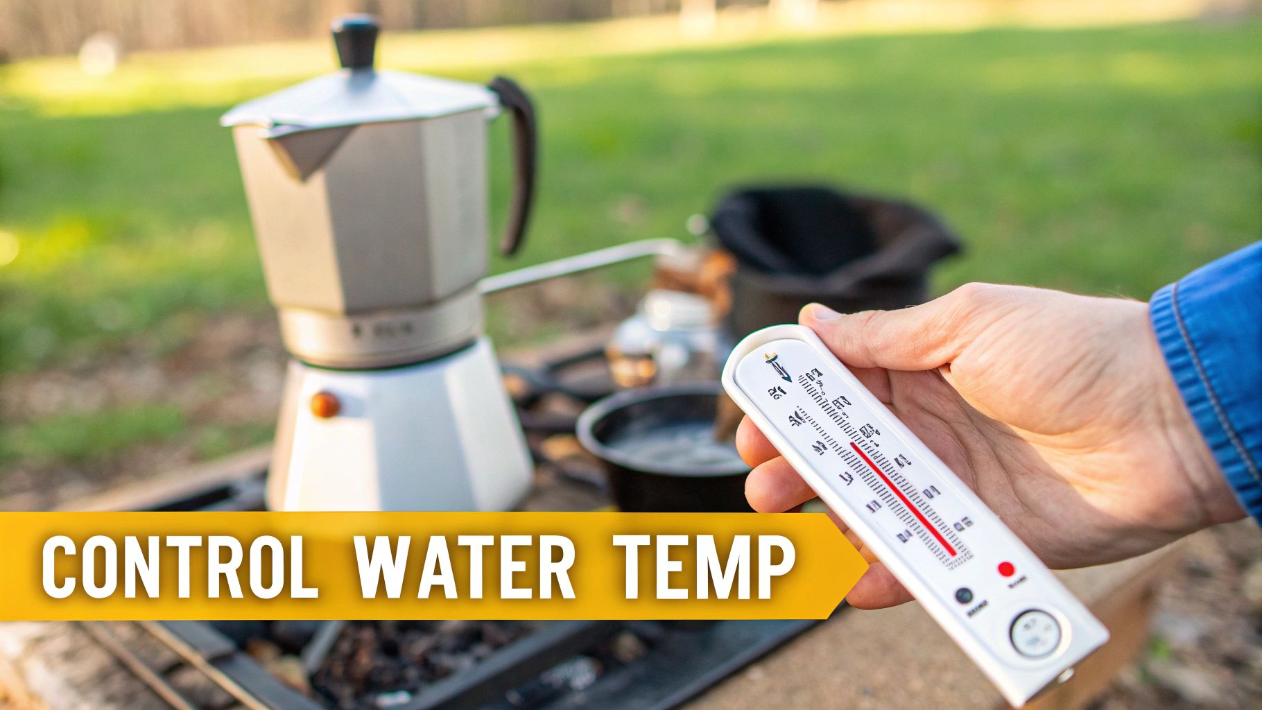 A hand holds a thermometer, measuring water temperature next to a moka pot outdoors.