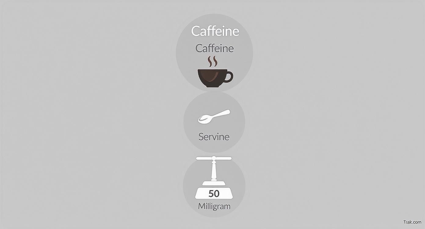 Three icons illustrating caffeine, a spoon representing a serving, and 50 milligrams on a scale.
