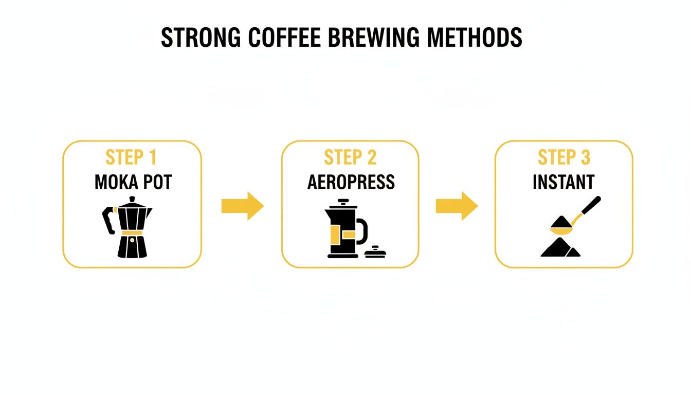 Diagram illustrating three strong coffee brewing methods: Moka Pot, Aeropress, and Instant coffee.