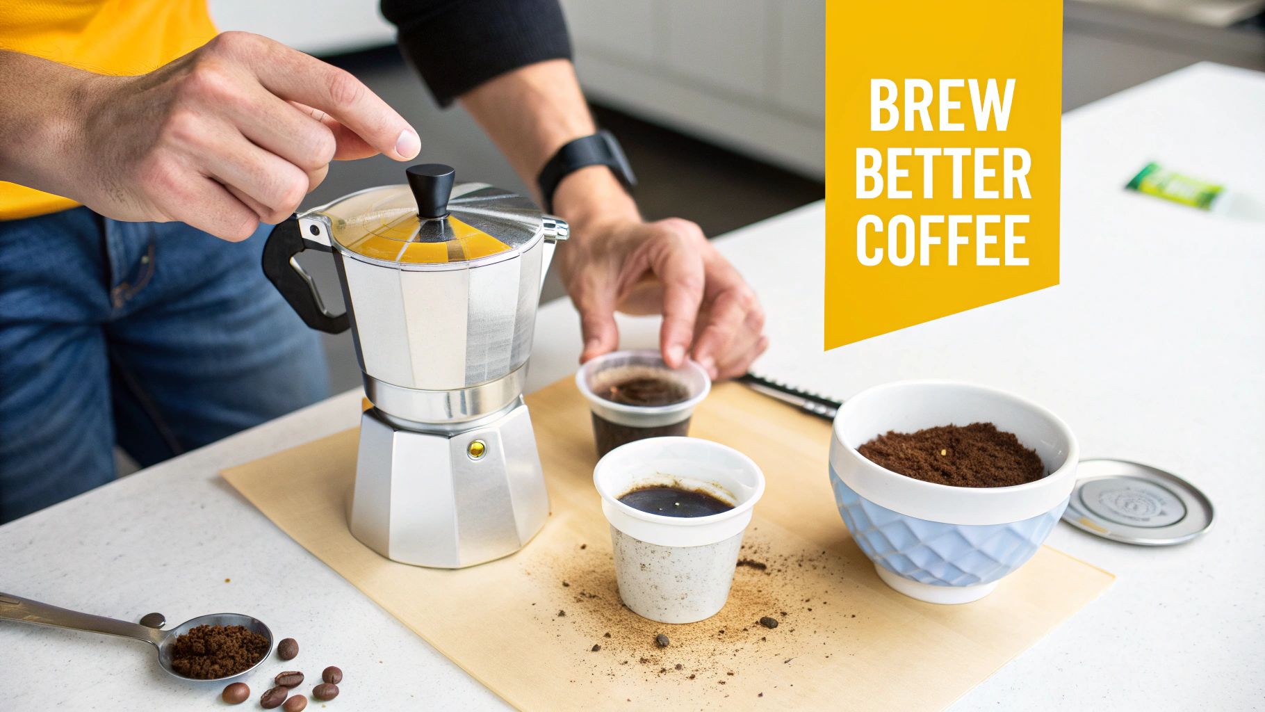 A person preparing coffee with a Moka pot, surrounded by ground coffee and beans.