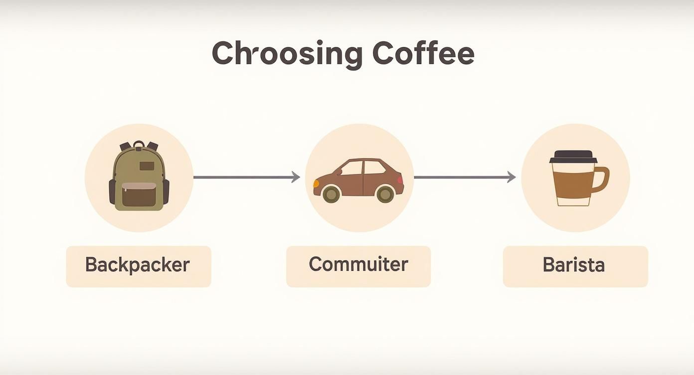 Infographic decision tree for choosing the best instant coffee for a backpacker, commuter, or home barista.