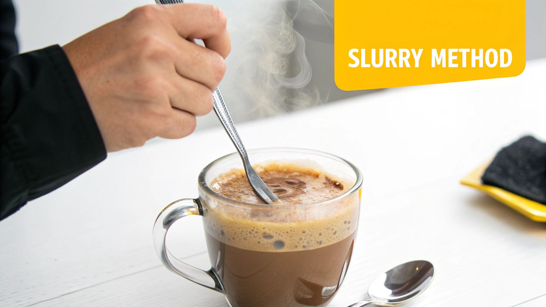 A person's hand stirring a steaming mug of instant coffee with a fork, demonstrating the slurry method.