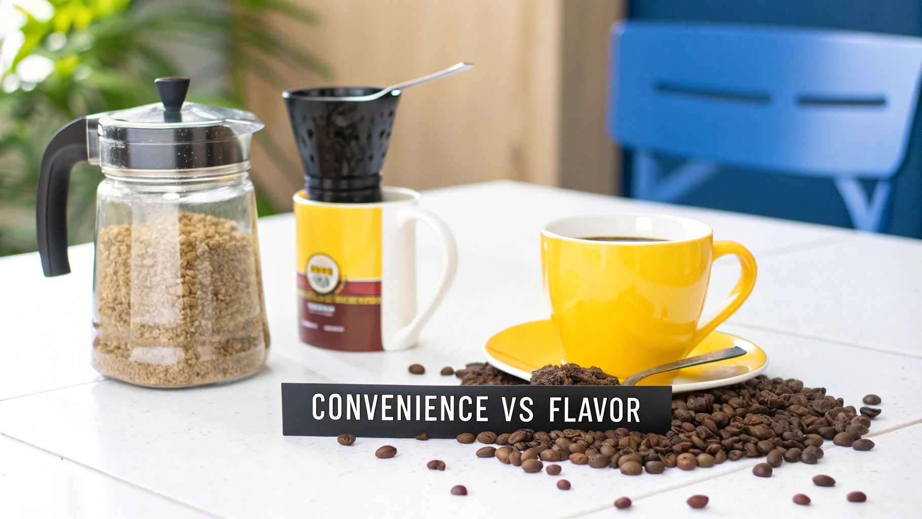 Comparing instant coffee granules in a pitcher and whole beans with brewed coffee, emphasizing convenience versus flavor.