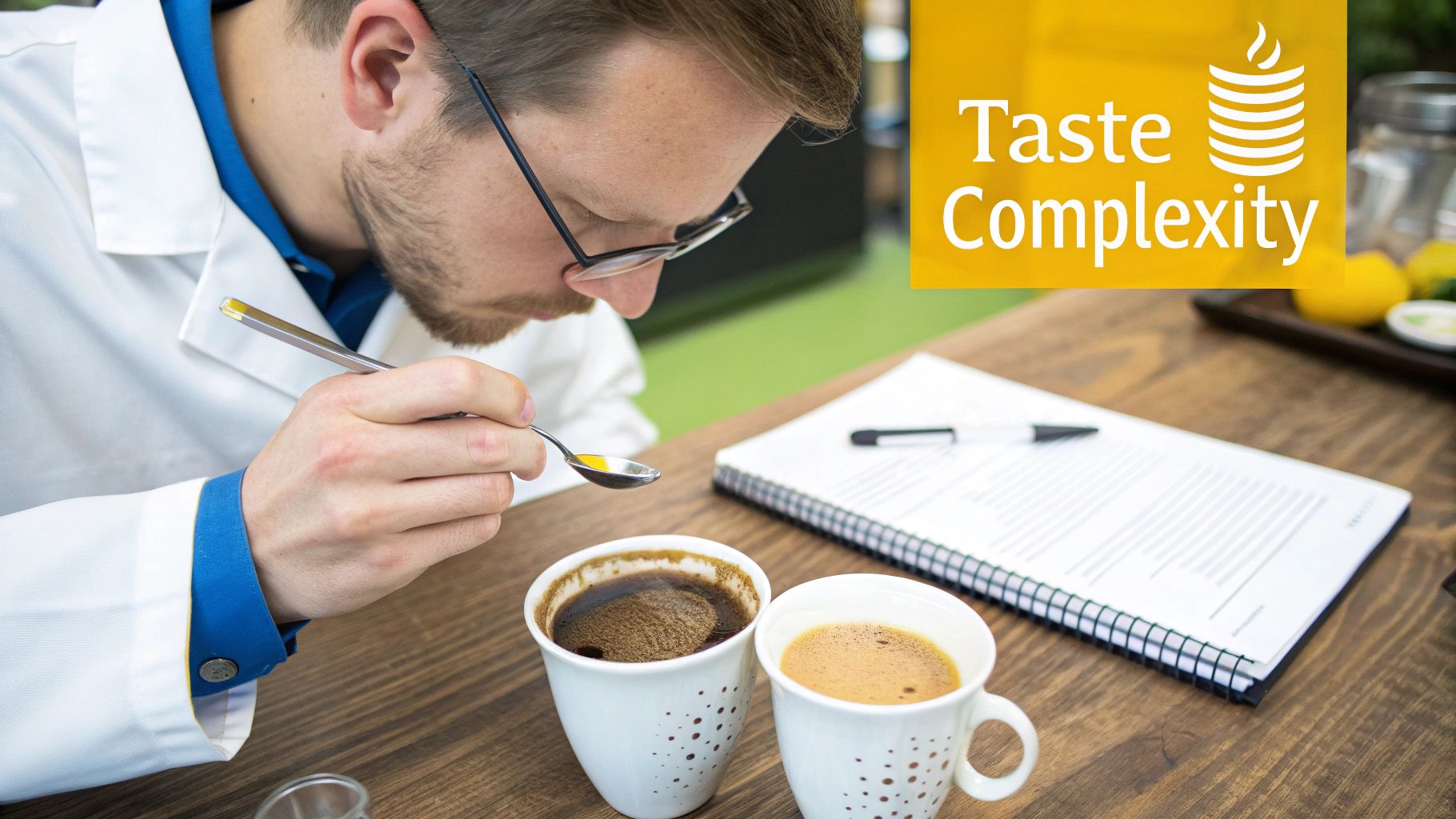 A close-up shot of a hand pouring steamed milk into a cup of coffee to create latte art, with whole coffee beans scattered around the cup.