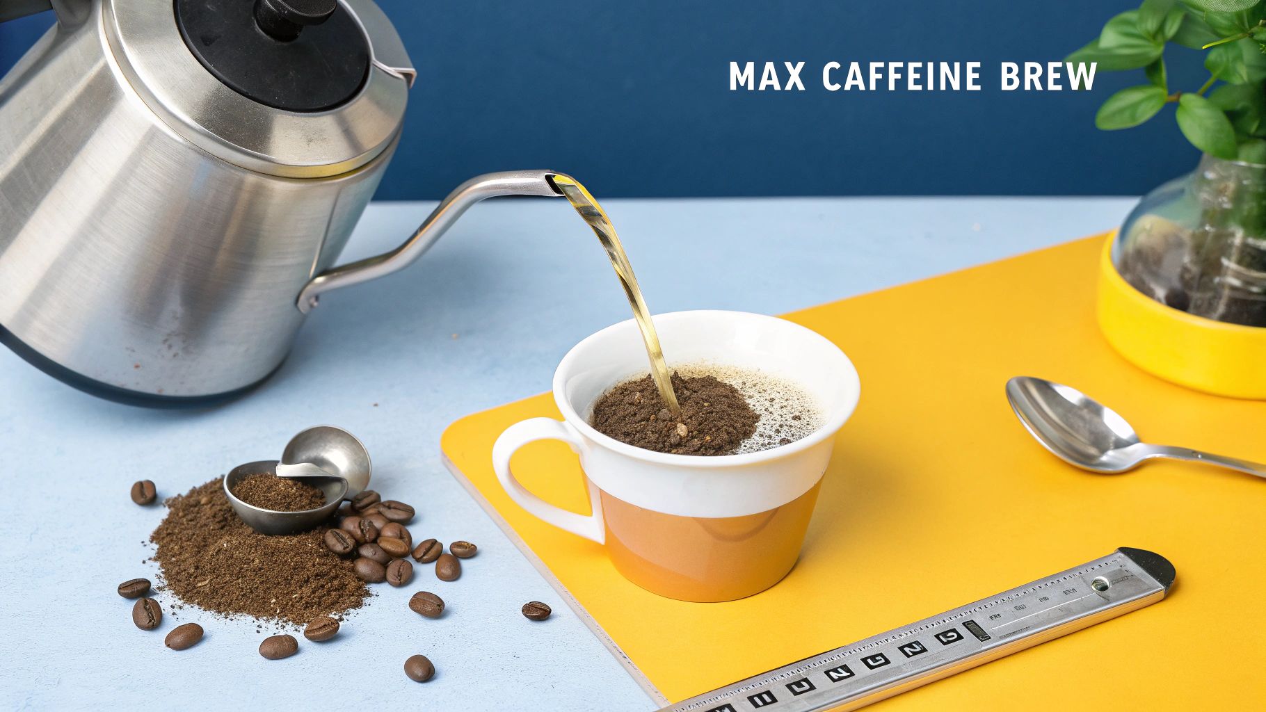 A gooseneck kettle pours hot water onto instant coffee grounds in a white and orange mug.