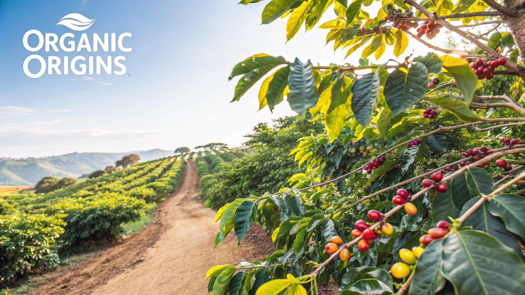 A freshly brewed cup of organic coffee with whole beans scattered around it.