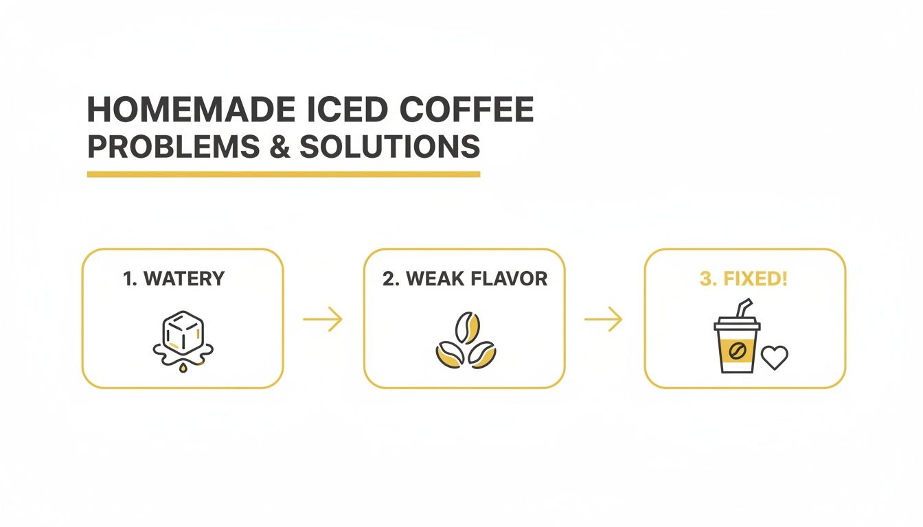 A diagram illustrating common problems with homemade iced coffee (watery, weak flavor) and their solutions.