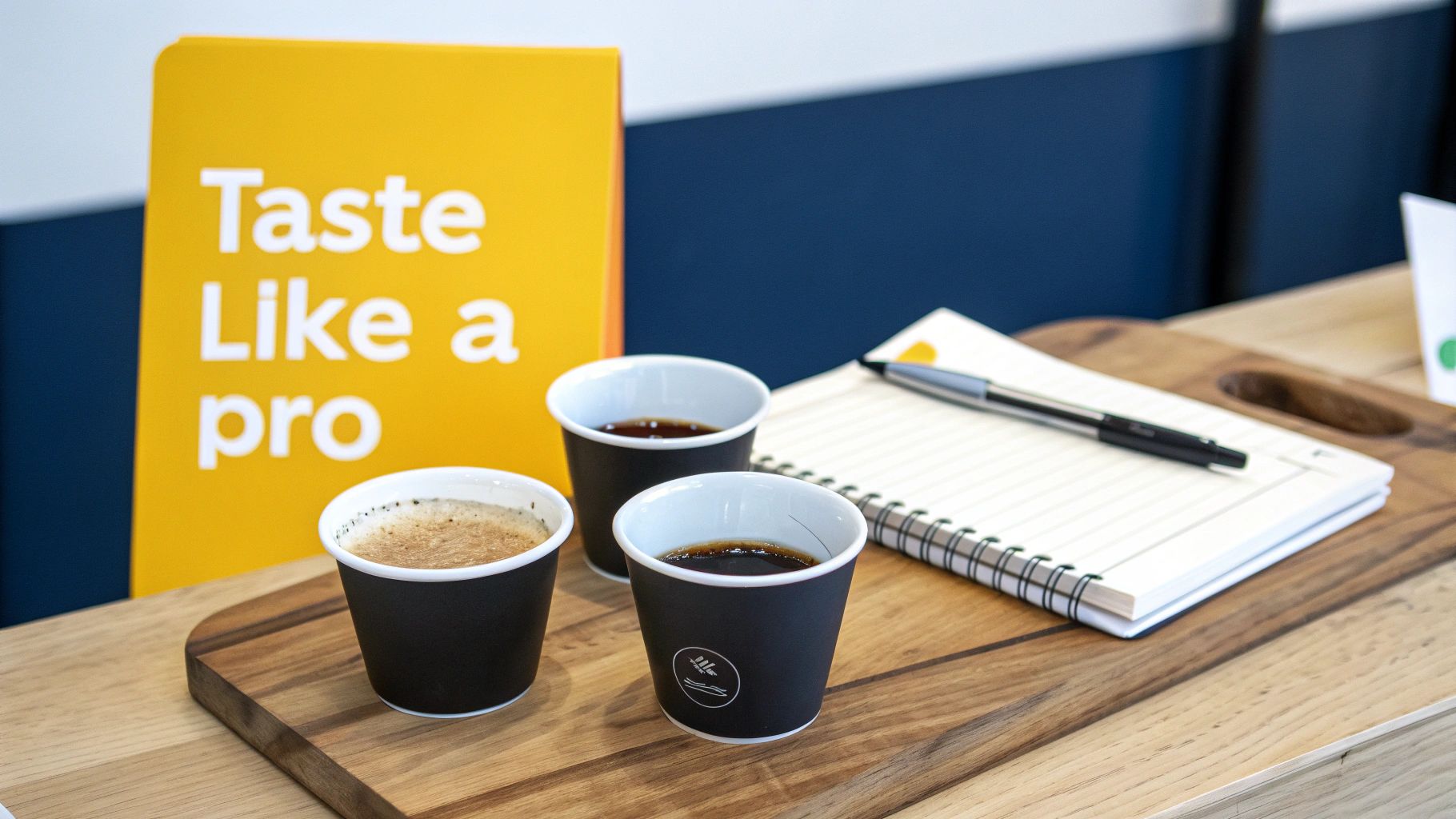Three small coffee cups and a notebook on a wooden board with a 'Taste Like a pro' sign.