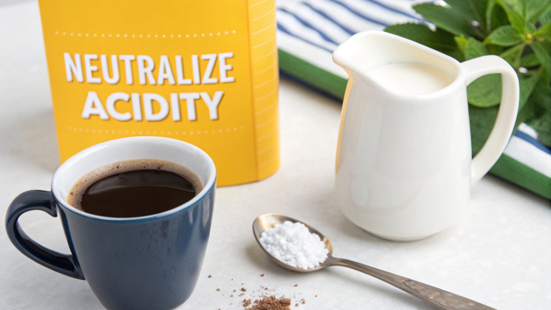A cup of black coffee, milk pitcher, spoon of powder, and a box labeled 'NEUTRALIZE ACIDITY'.