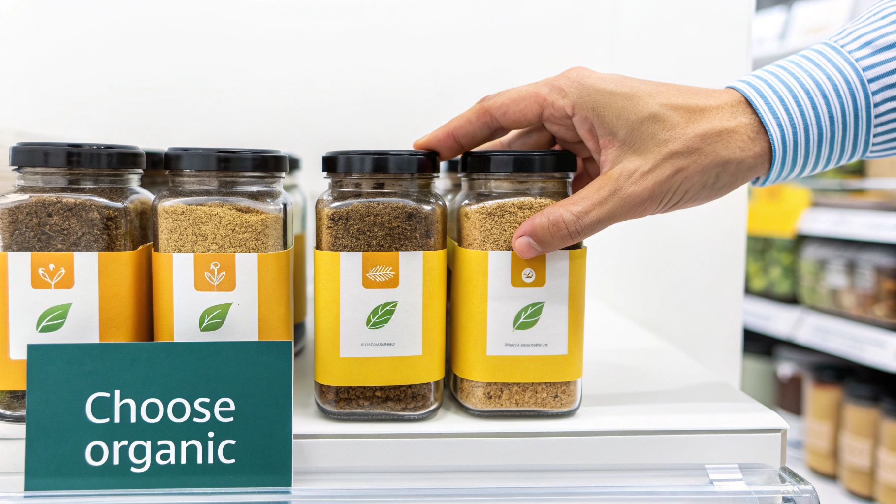 A hand selects a jar of organic ground coffee or spices from a white shelf, next to a 'Choose organic' sign.