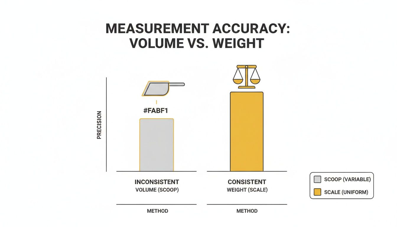Bar chart comparing inconsistent volume (scoop) vs. consistent weight (scale) for measurement accuracy.