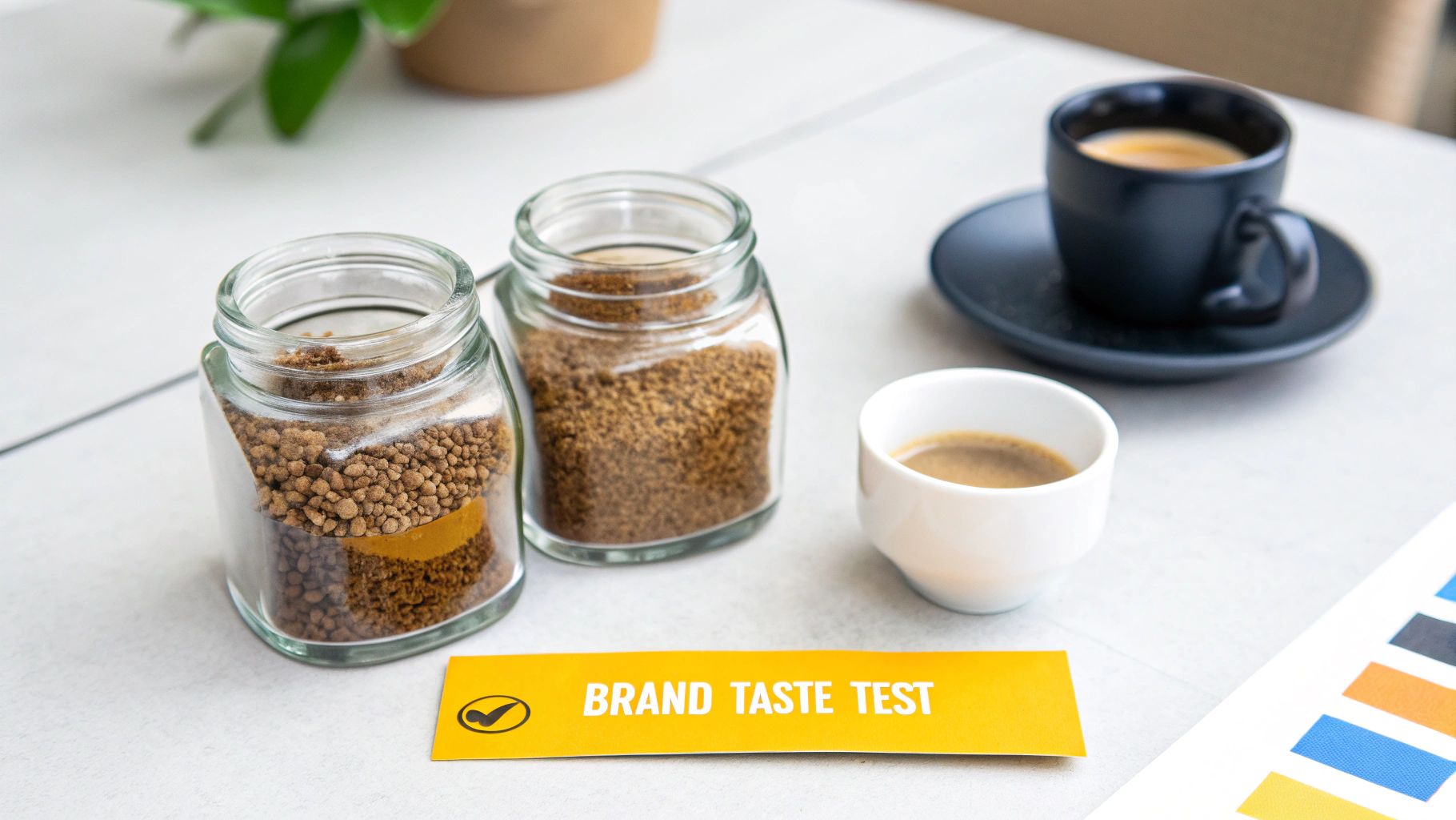 Jars of instant coffee, coffee cups, and a 'BRAND TASTE TEST' sign for product evaluation.