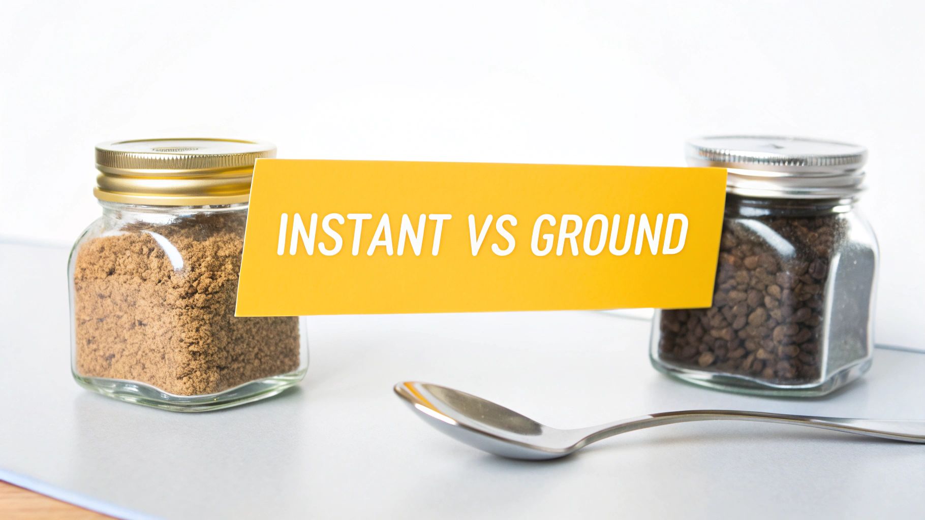 Two jars comparing instant coffee and ground coffee, labeled 'Instant vs Ground', with a spoon.