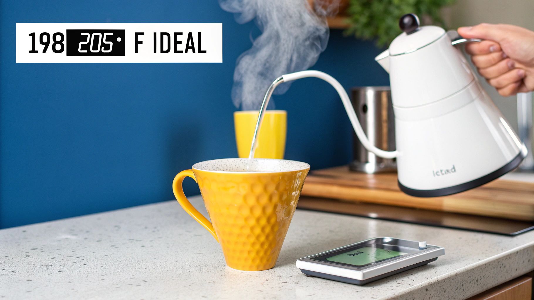 A person pouring hot water from a gooseneck kettle into a coffee dripper with a digital scale underneath.