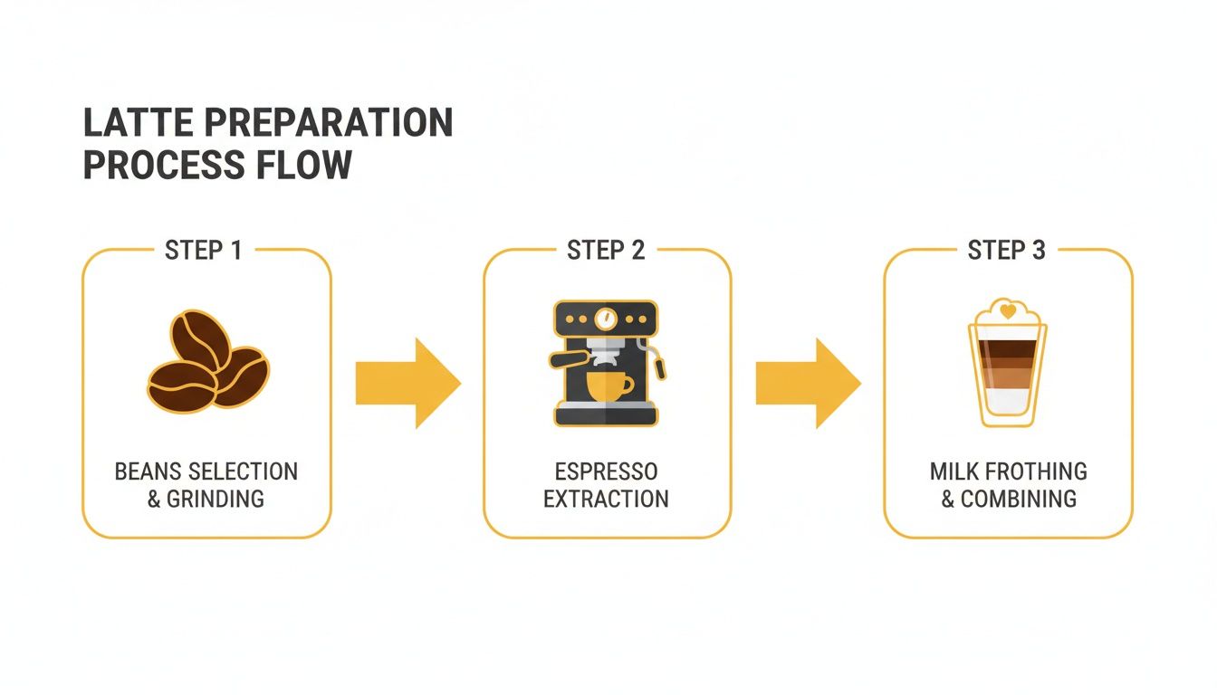 Infographic outlining the three steps of latte preparation: beans, espresso extraction, and milk frothing.