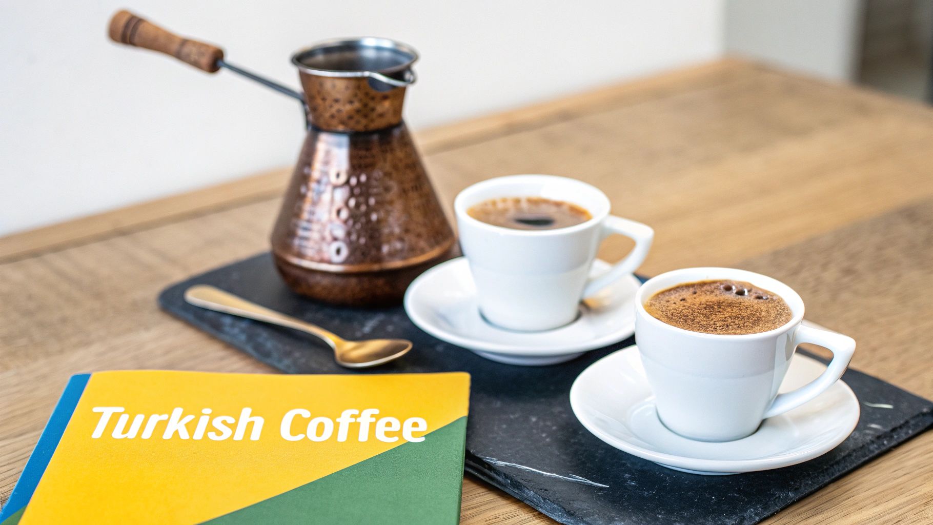 Traditional Turkish coffee setup with a copper cezve, two cups of coffee, and a 'Turkish Coffee' book.