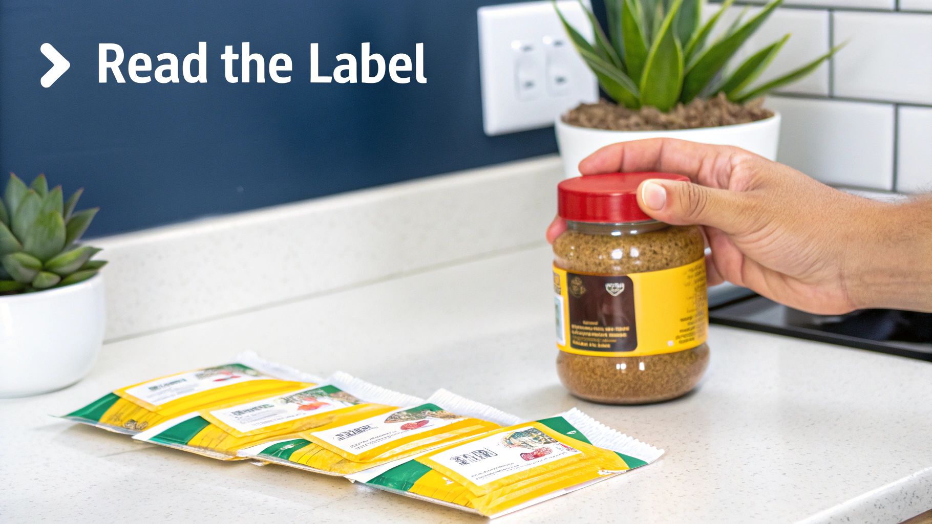 A person's hand holds a spice jar, while three spice packets rest on a kitchen counter, with "Read the Label" text.