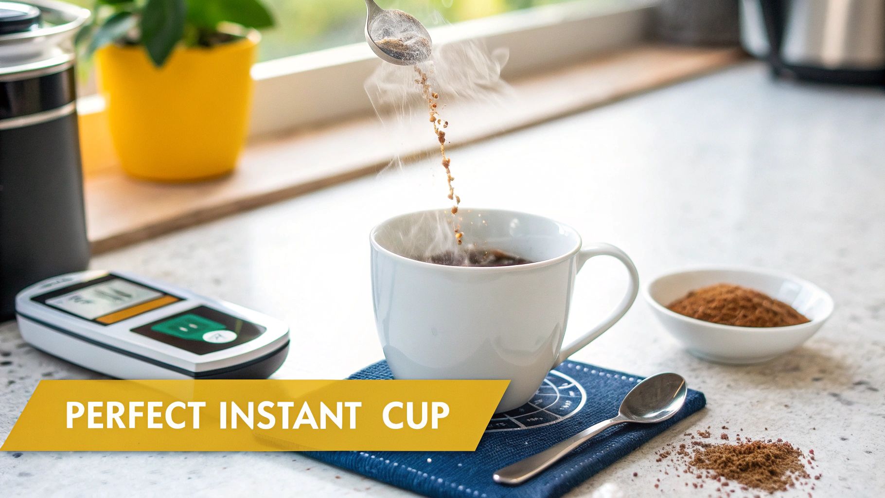 Instant coffee granules being poured from a spoon into a steaming white mug on a kitchen counter.