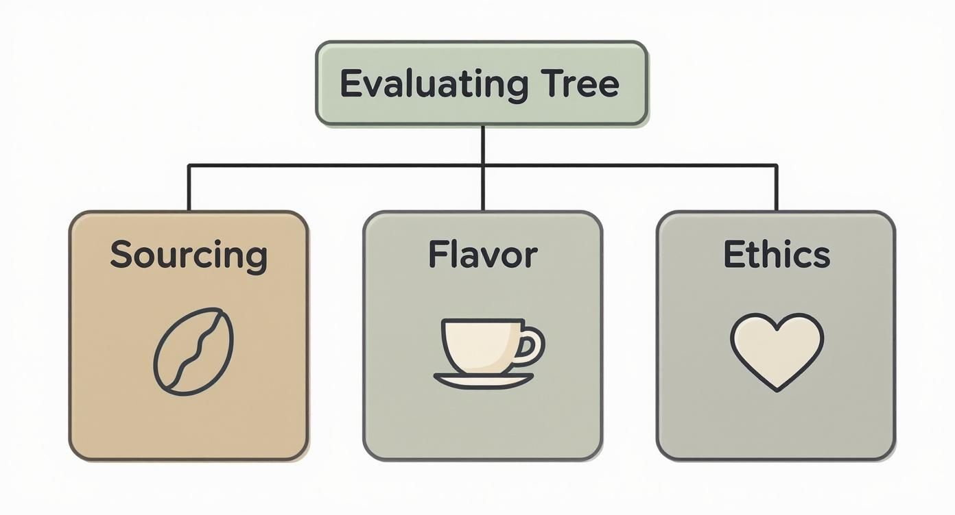Infographic decision tree for evaluating pesticide-free coffee based on sourcing, flavor, and ethics.