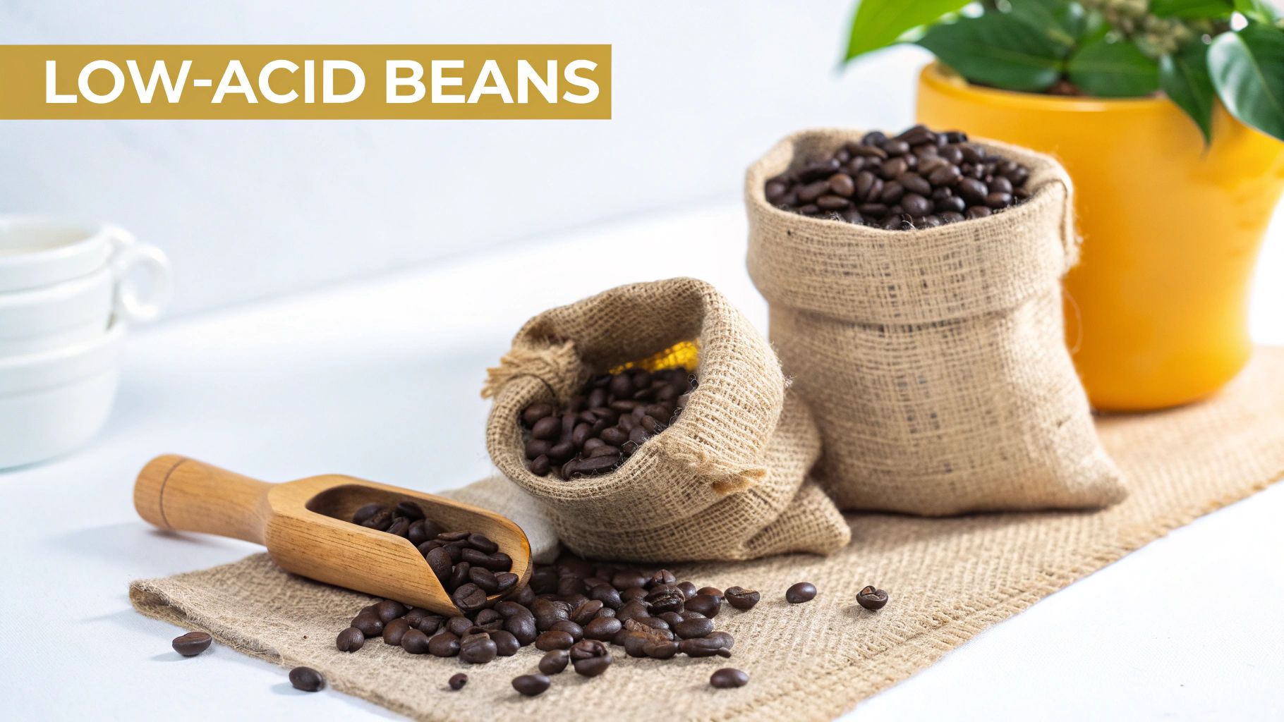 Dark roasted low-acid coffee beans in burlap sacks with a wooden scoop on a white table.
