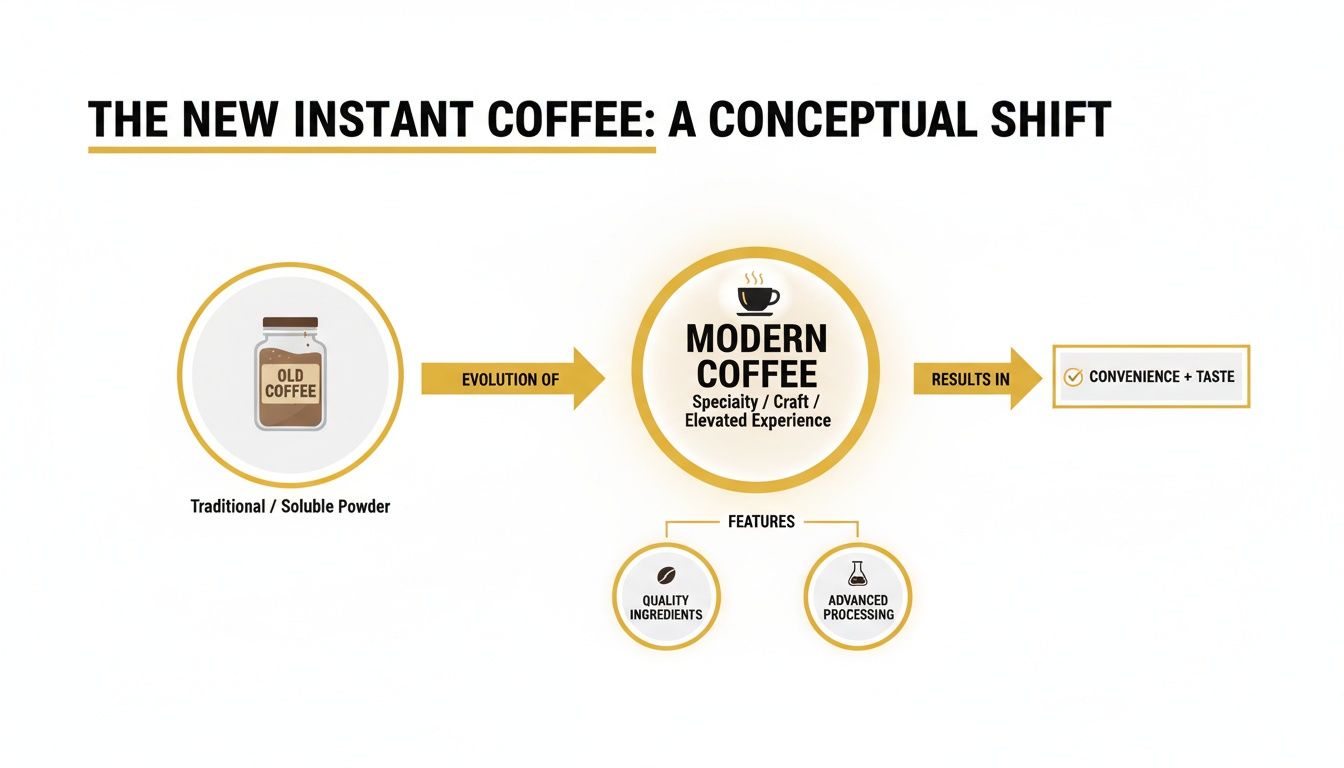 Diagram illustrating the conceptual shift of instant coffee, showing its evolution to a modern, specialty, and elevated experience.