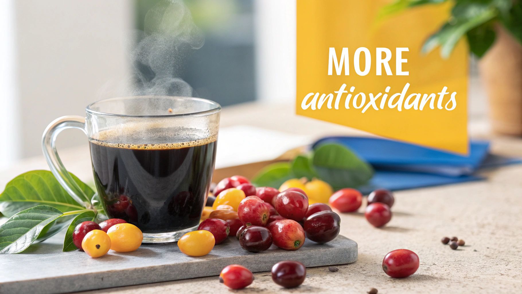 A wooden scoop filled with dark, glossy organic coffee beans.