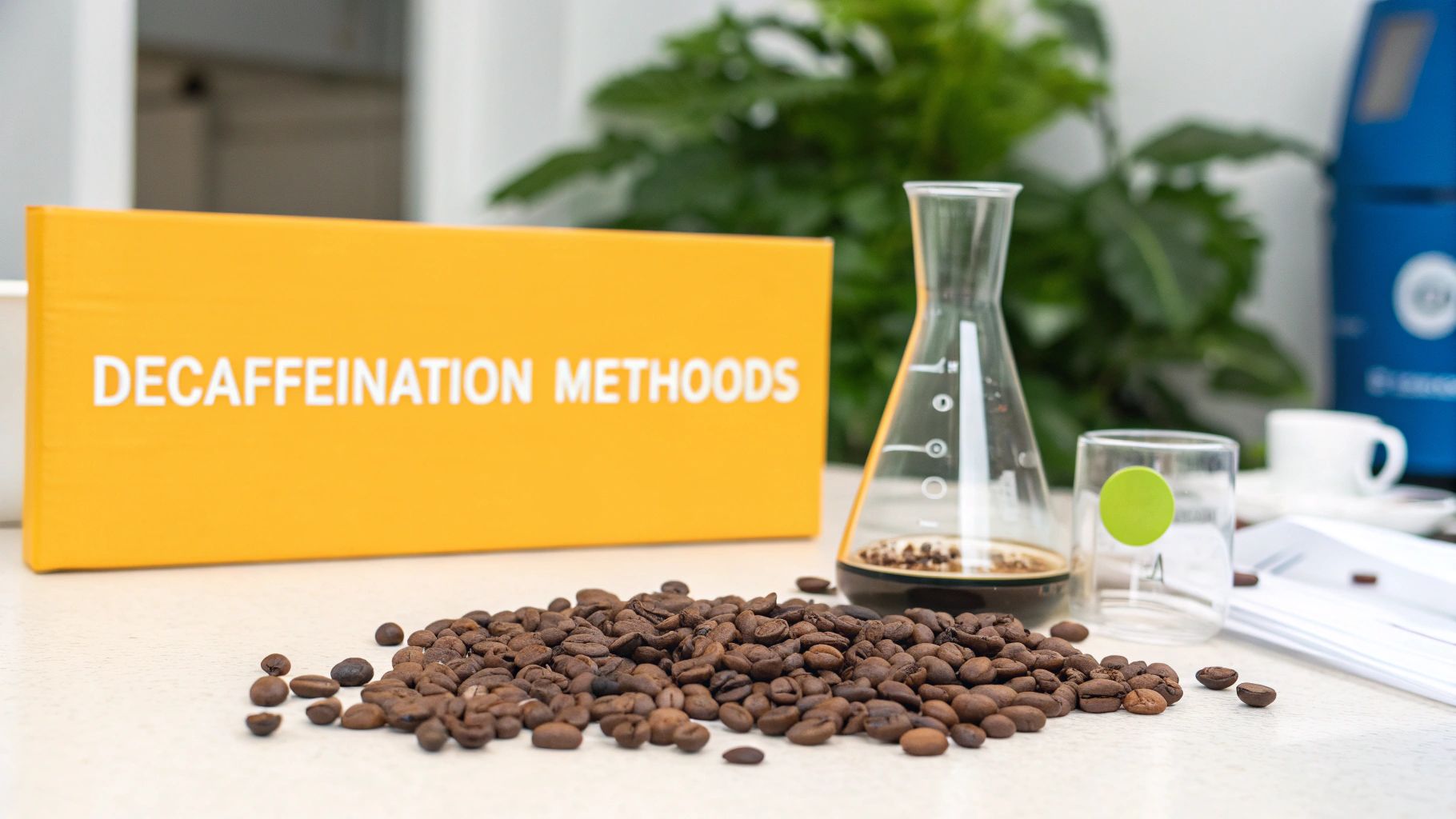 A pile of roasted coffee beans next to a scientific flask and a box titled 'DECAFFEINATION METHODS'.