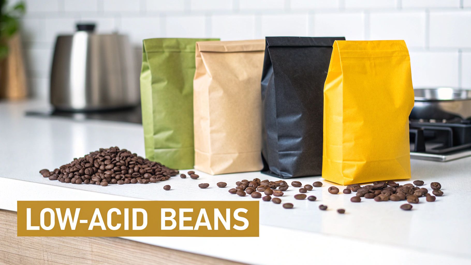 Four colorful coffee bags and a pile of roasted low-acid coffee beans on a modern kitchen counter.