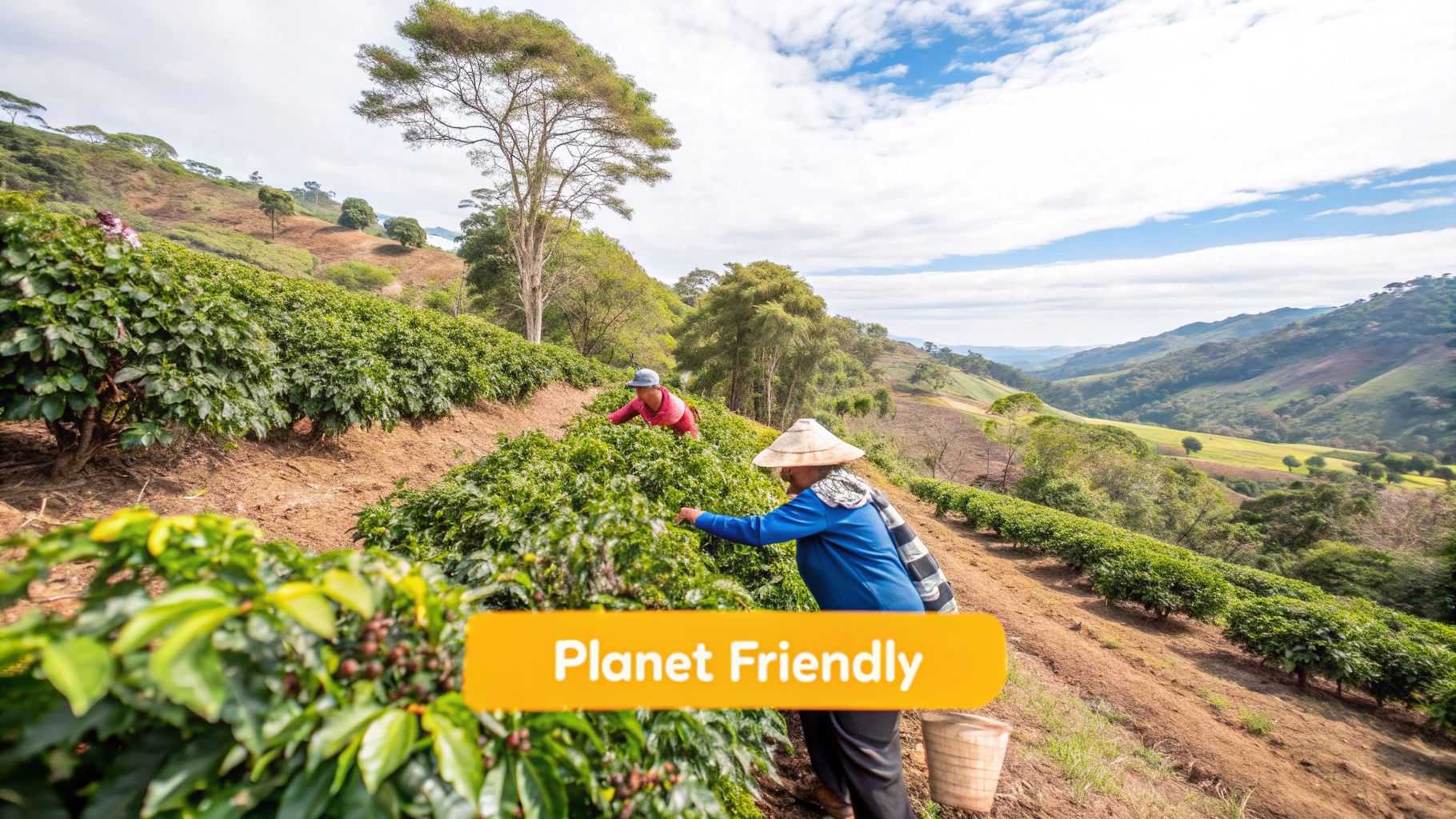 Lush, green coffee plants growing under the shade of taller trees, illustrating a biodiverse farm