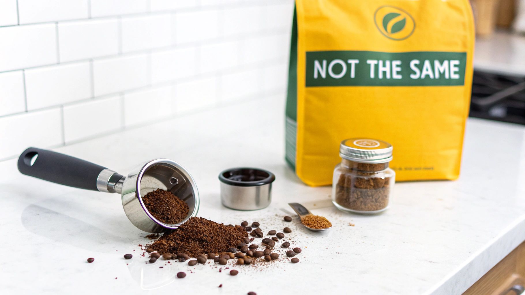 Ground coffee, whole beans, and brown sugar spilled on a kitchen counter next to a coffee bag.