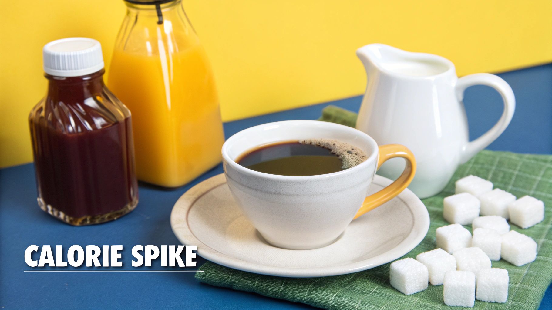A variety of coffee add-ins like sugar, milk, and syrups arranged on a table.