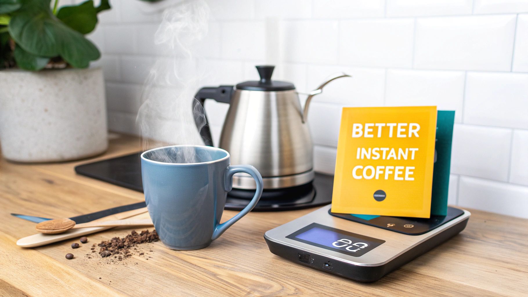 Steaming coffee cup, electric kettle, and scale with 'BETTER INSTANT COFFEE' package on a wooden counter.