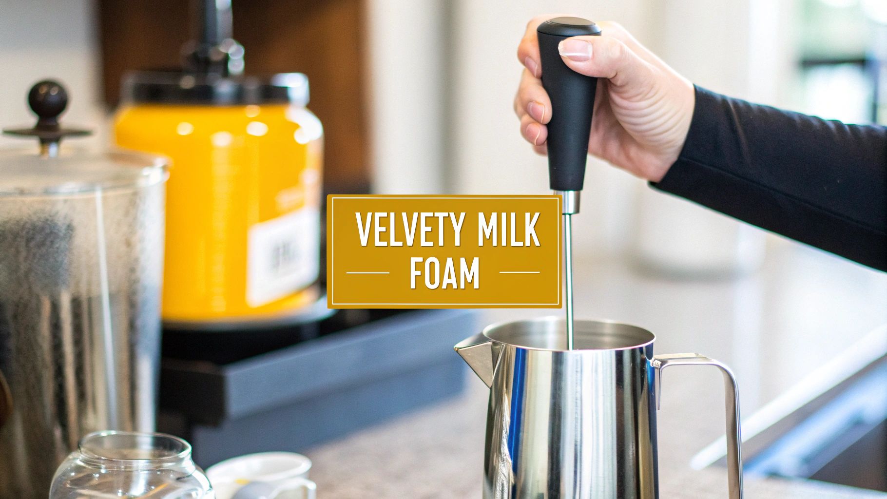 A person pouring frothed milk from a French press into a glass with coffee to create a latte.
