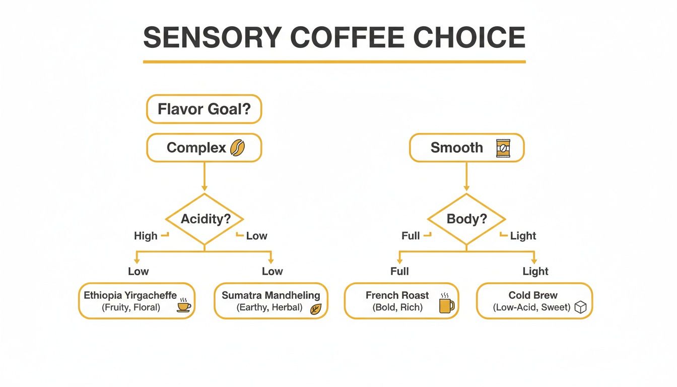 A sensory coffee choice flowchart guiding users based on flavor, acidity, and body to choose coffee.
