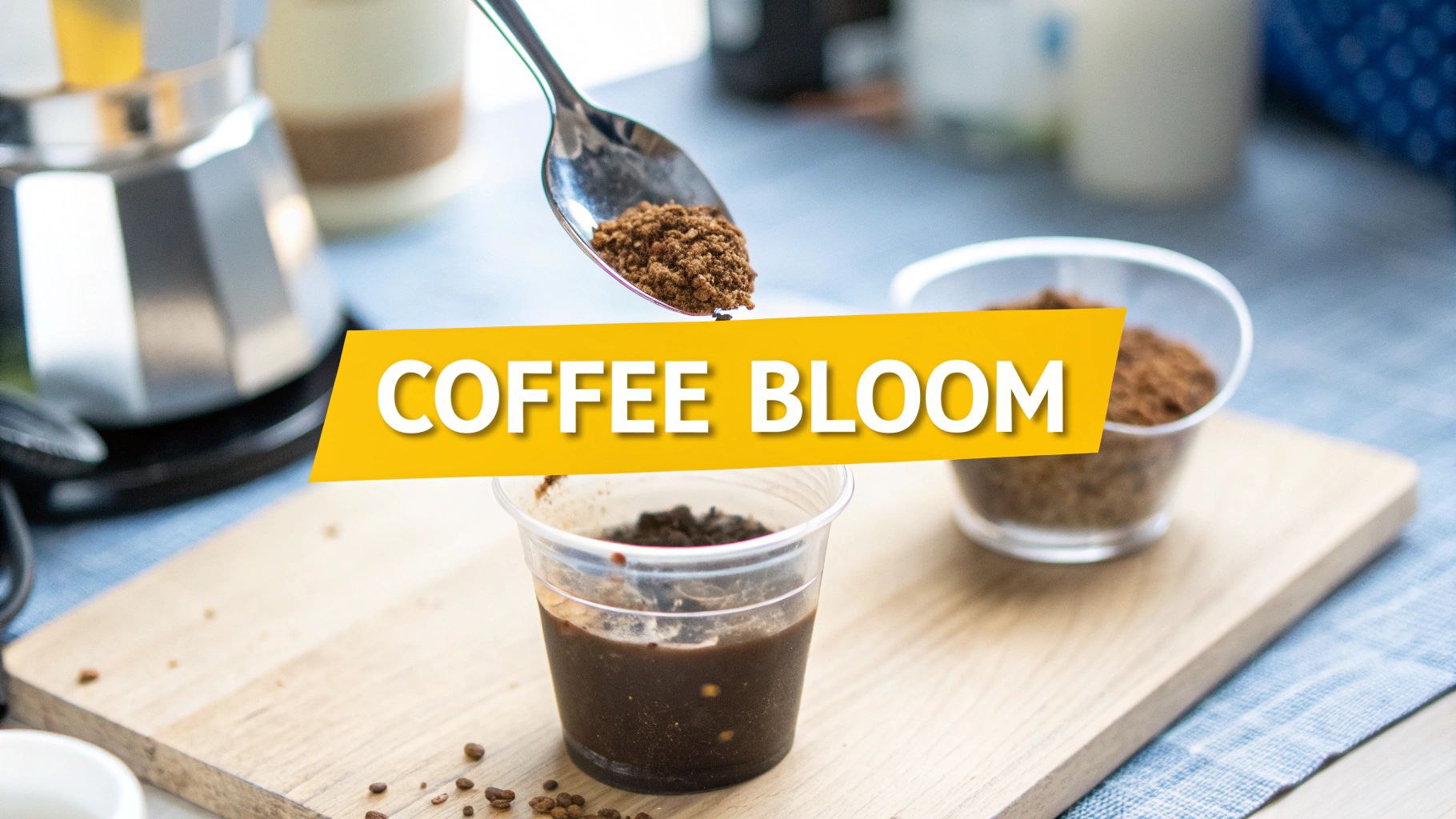 A spoon adds ground coffee into a small cup with liquid, demonstrating the coffee bloom process.