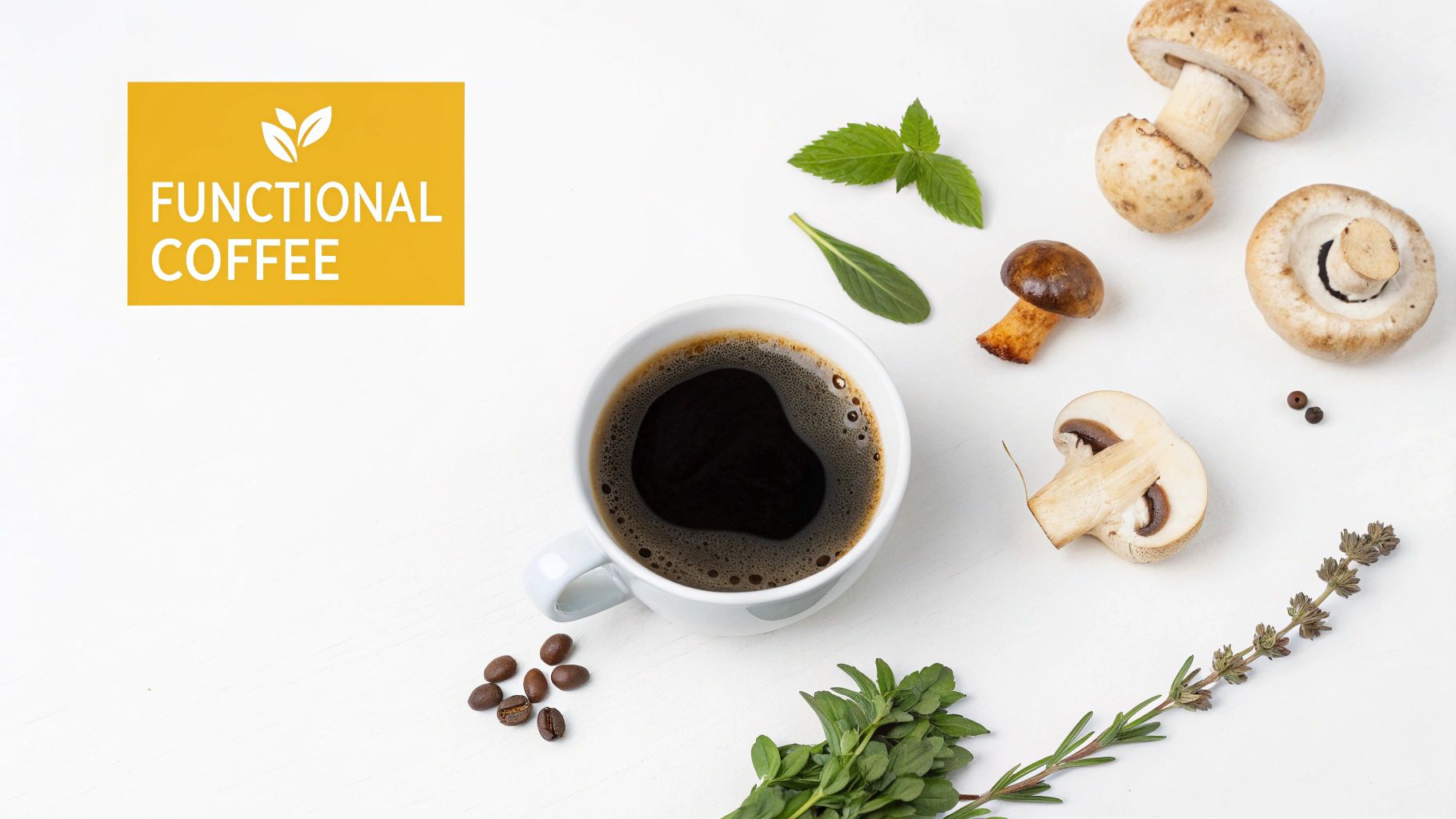 A steaming mug of functional instant coffee, surrounded by ingredients like mushrooms and botanicals.