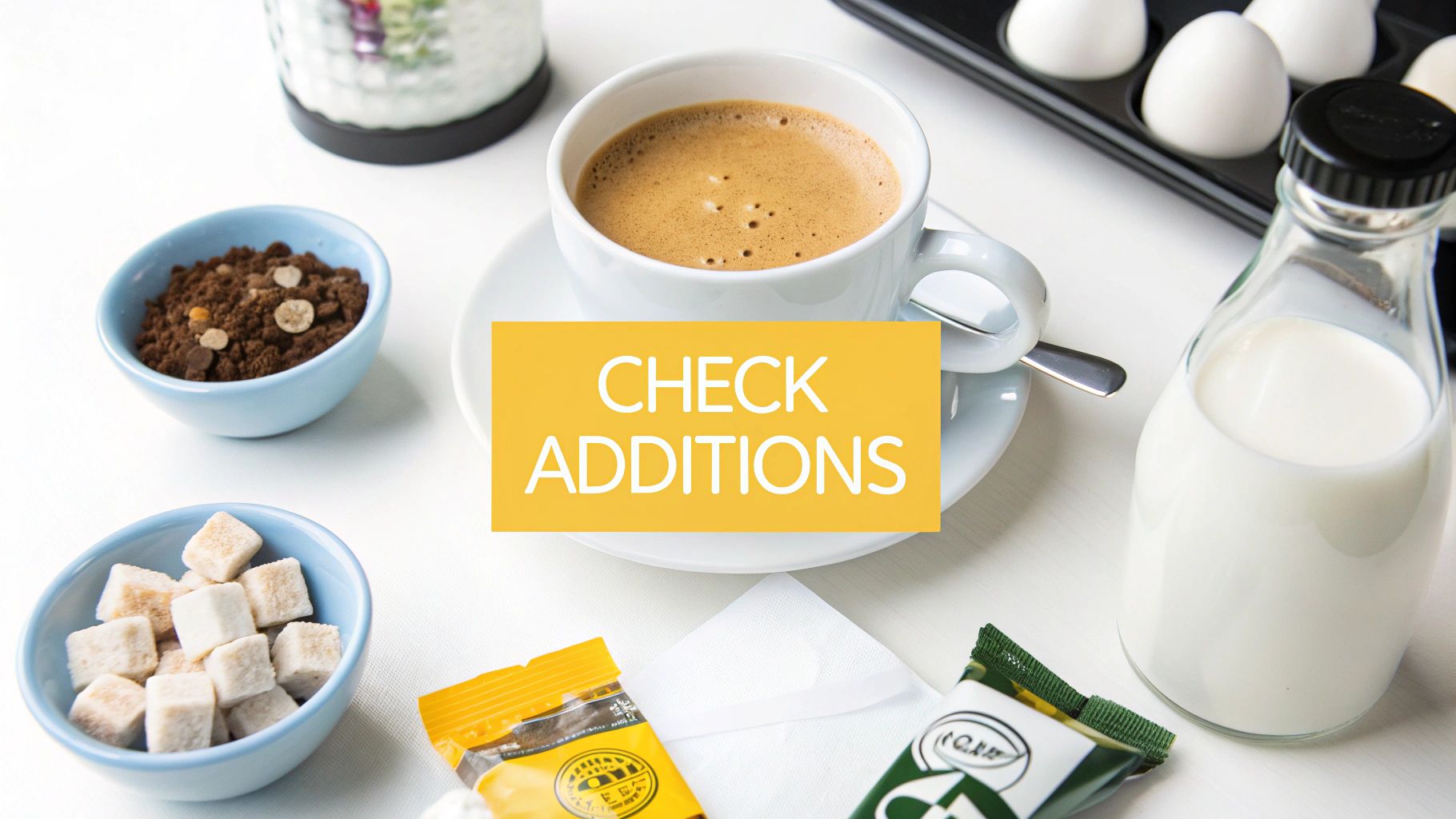 Coffee cup with cream, sugar cubes, and chocolate toppings on white table with text overlay