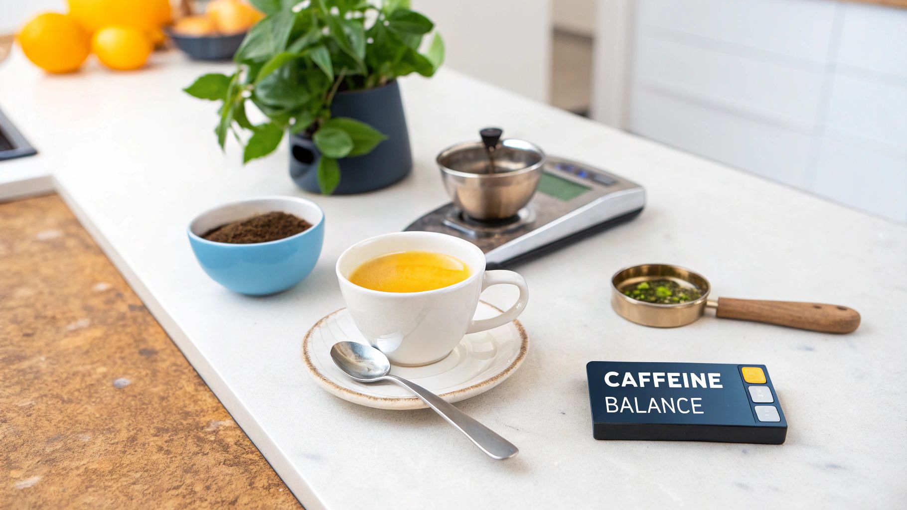 A warm drink, coffee grounds, tea leaves, and a 'Caffeine Balance' device on a kitchen counter.