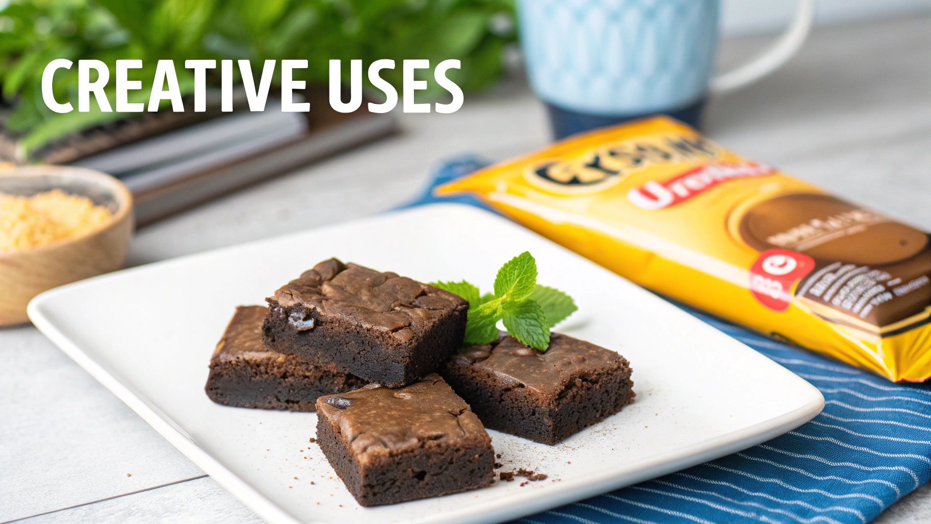 Chocolate brownies with a dusting of cocoa and a cup of coffee nearby.