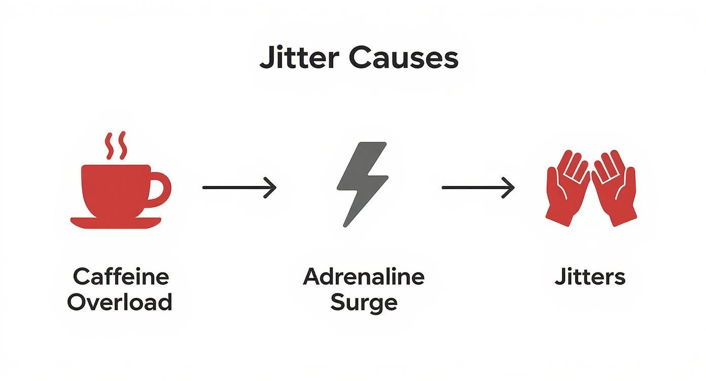 Diagram showing caffeine overload leading to an adrenaline surge, resulting in jitters.
